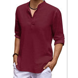 Men's Casual V-Neck Cotton Linen Long Sleeve Shirt