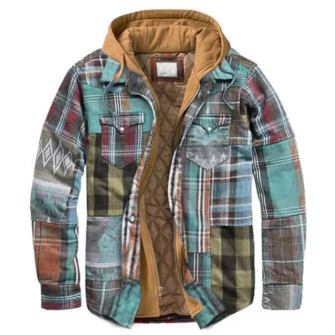 Men's Winter Flannel Quilted Lined Plaid Hooded Shirt Jacket