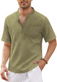 Men's Breathable Cotton Linen Henley Collar Pocket Short Sleeve