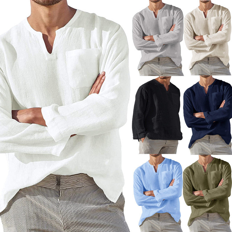 Men's Casual V-Neck Cotton Linen Long Sleeve Shirt