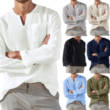 Men's Casual V-Neck Cotton Linen Long Sleeve Shirt