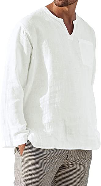 Men's Casual V-Neck Cotton Linen Long Sleeve Shirt