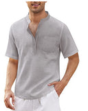 Men's Breathable Cotton Linen Henley Collar Pocket Short Sleeve