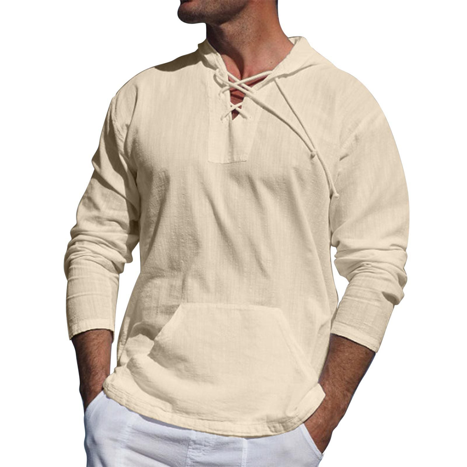 Men's Outdoor Multi-pocket Cotton Linen Long-sleeved Hooded T-shirt