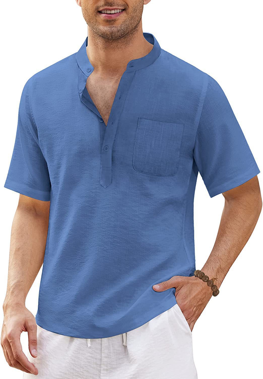 Men's Breathable Cotton Linen Henley Collar Pocket Short Sleeve