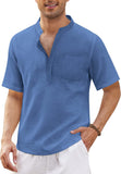 Men's Breathable Cotton Linen Henley Collar Pocket Short Sleeve