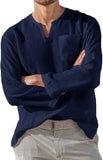 Men's Casual V-Neck Cotton Linen Long Sleeve Shirt