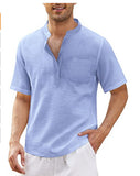 Men's Breathable Cotton Linen Henley Collar Pocket Short Sleeve