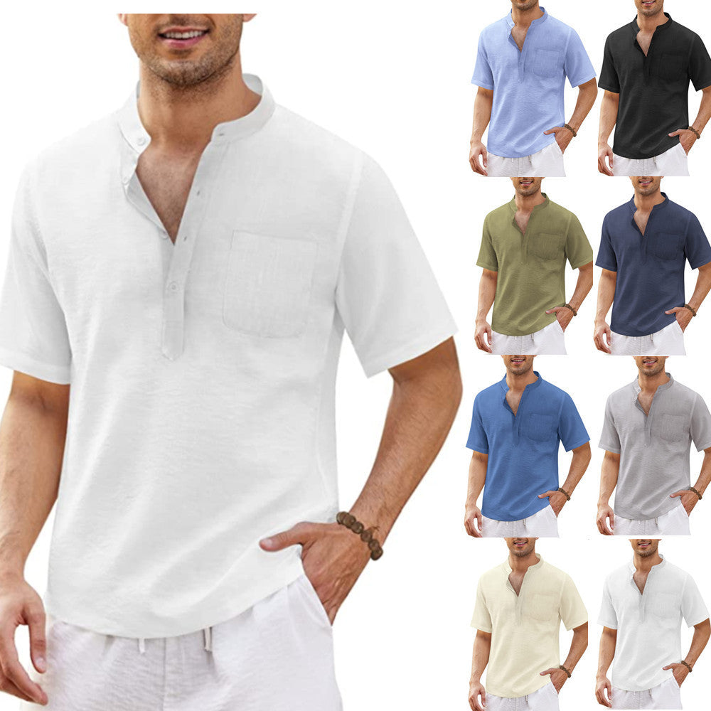 Men's Breathable Cotton Linen Henley Collar Pocket Short Sleeve