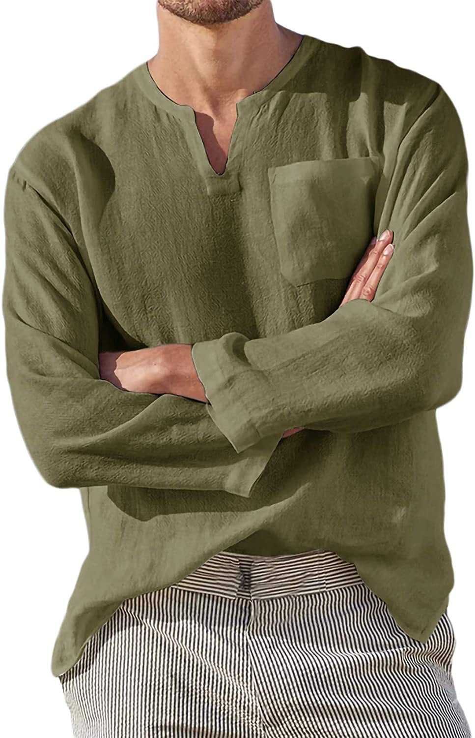 Men's Casual V-Neck Cotton Linen Long Sleeve Shirt