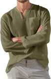Men's Casual V-Neck Cotton Linen Long Sleeve Shirt
