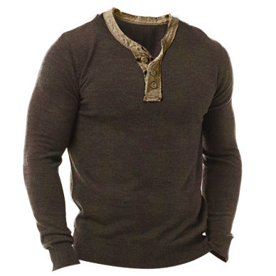 Vintage Contrast Print Men's Henley Long Sleeve T-Shirt