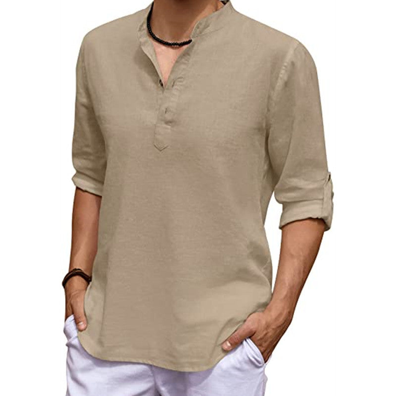 Men's Casual V-Neck Cotton Linen Long Sleeve Shirt