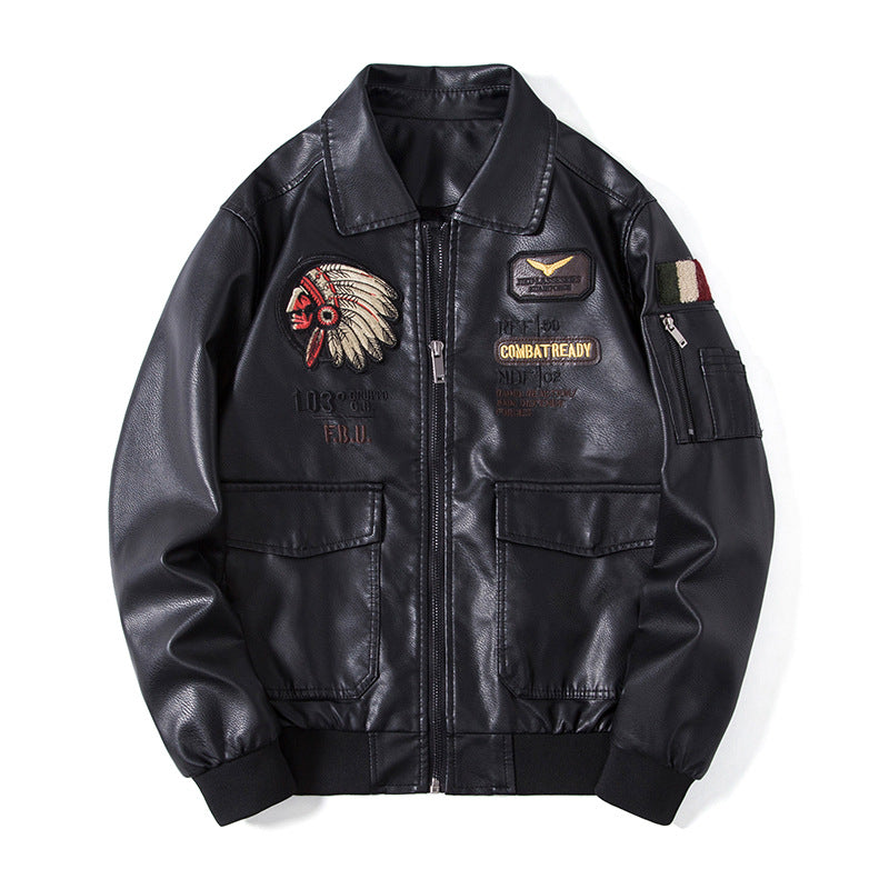 Men's Embroidered Bomber Flight Leather Jacket