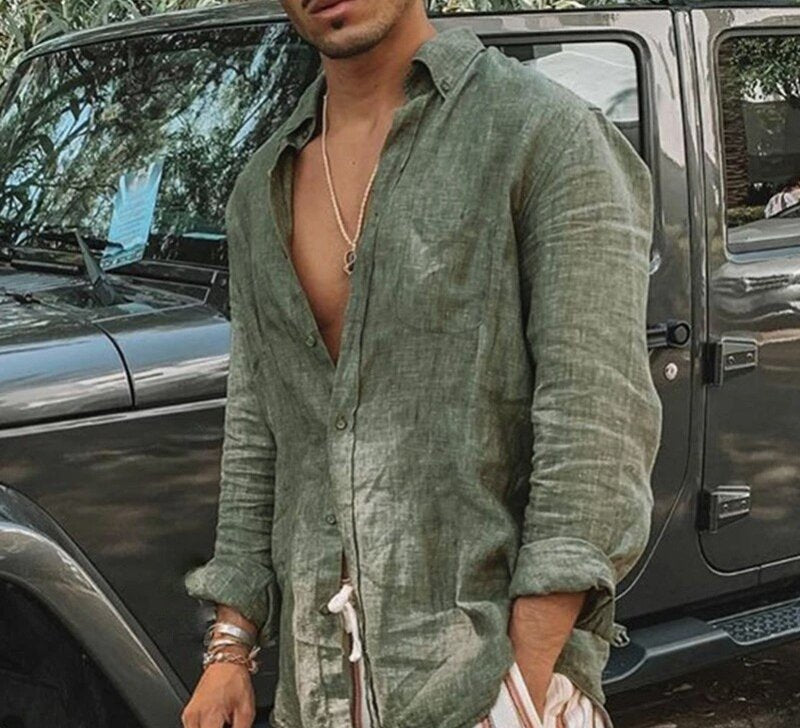 Men's Lapel Pocket Cotton Linen Shirt