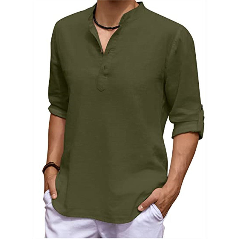 Men's Casual V-Neck Cotton Linen Long Sleeve Shirt