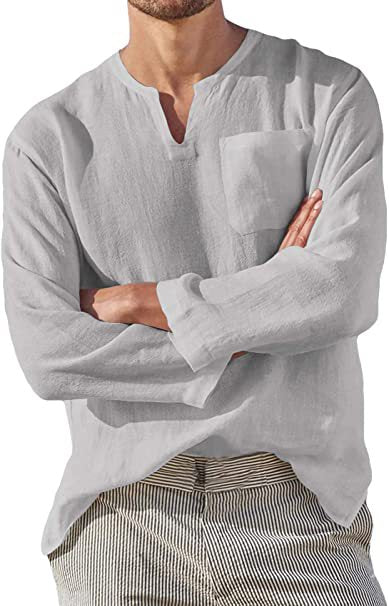 Men's Casual V-Neck Cotton Linen Long Sleeve Shirt