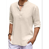 Men's Casual V-Neck Cotton Linen Long Sleeve Shirt