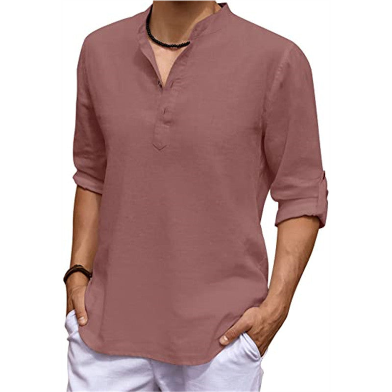 Men's Casual V-Neck Cotton Linen Long Sleeve Shirt