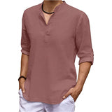 Men's Casual V-Neck Cotton Linen Long Sleeve Shirt