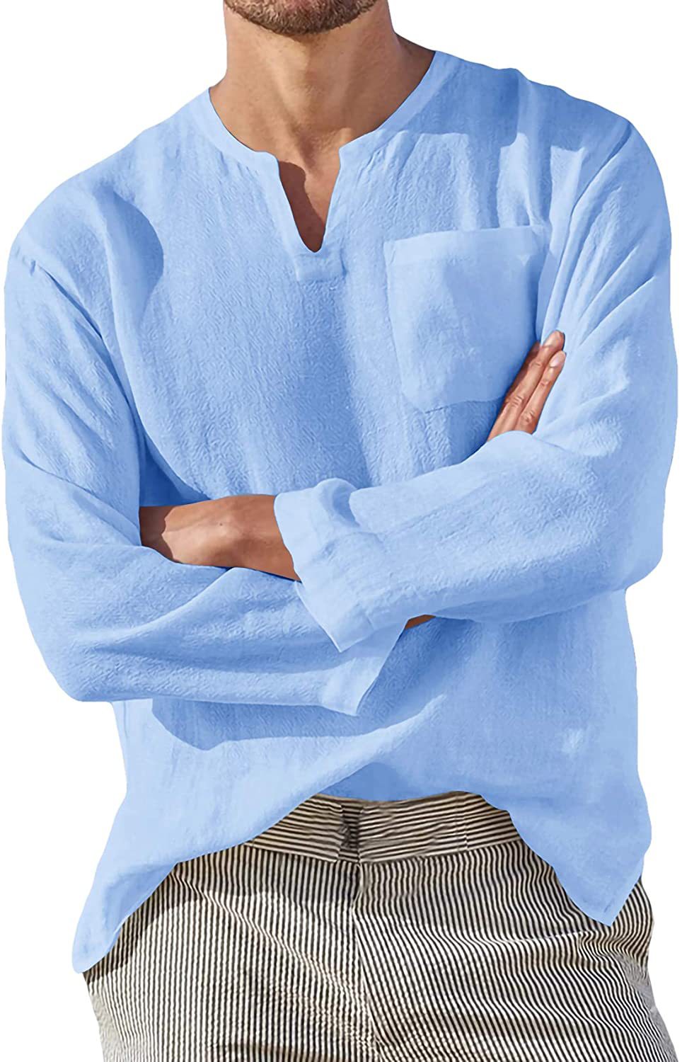 Men's Casual V-Neck Cotton Linen Long Sleeve Shirt