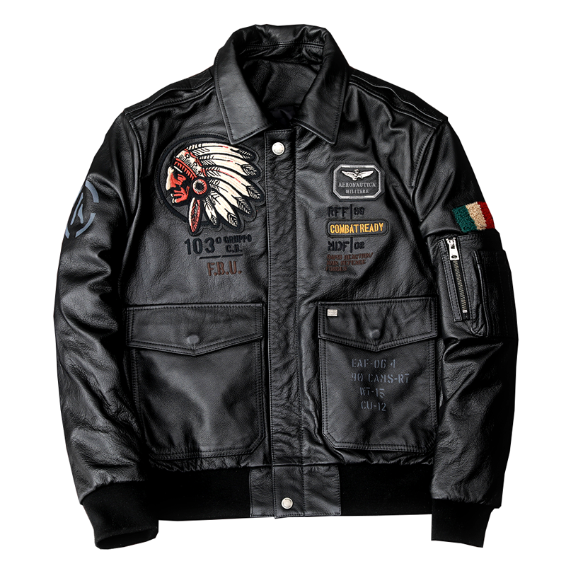 Men's Embroidered Bomber Flight Leather Jacket