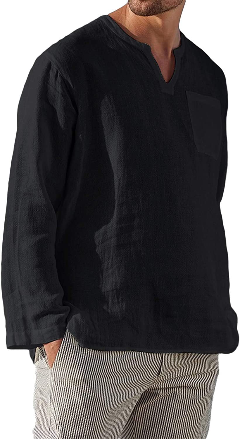Men's Casual V-Neck Cotton Linen Long Sleeve Shirt