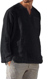 Men's Casual V-Neck Cotton Linen Long Sleeve Shirt