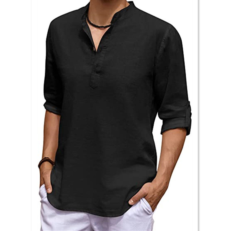 Men's Casual V-Neck Cotton Linen Long Sleeve Shirt