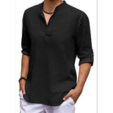 Men's Casual V-Neck Cotton Linen Long Sleeve Shirt