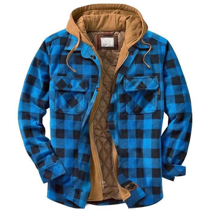 Men's Winter Flannel Quilted Lined Plaid Hooded Shirt Jacket