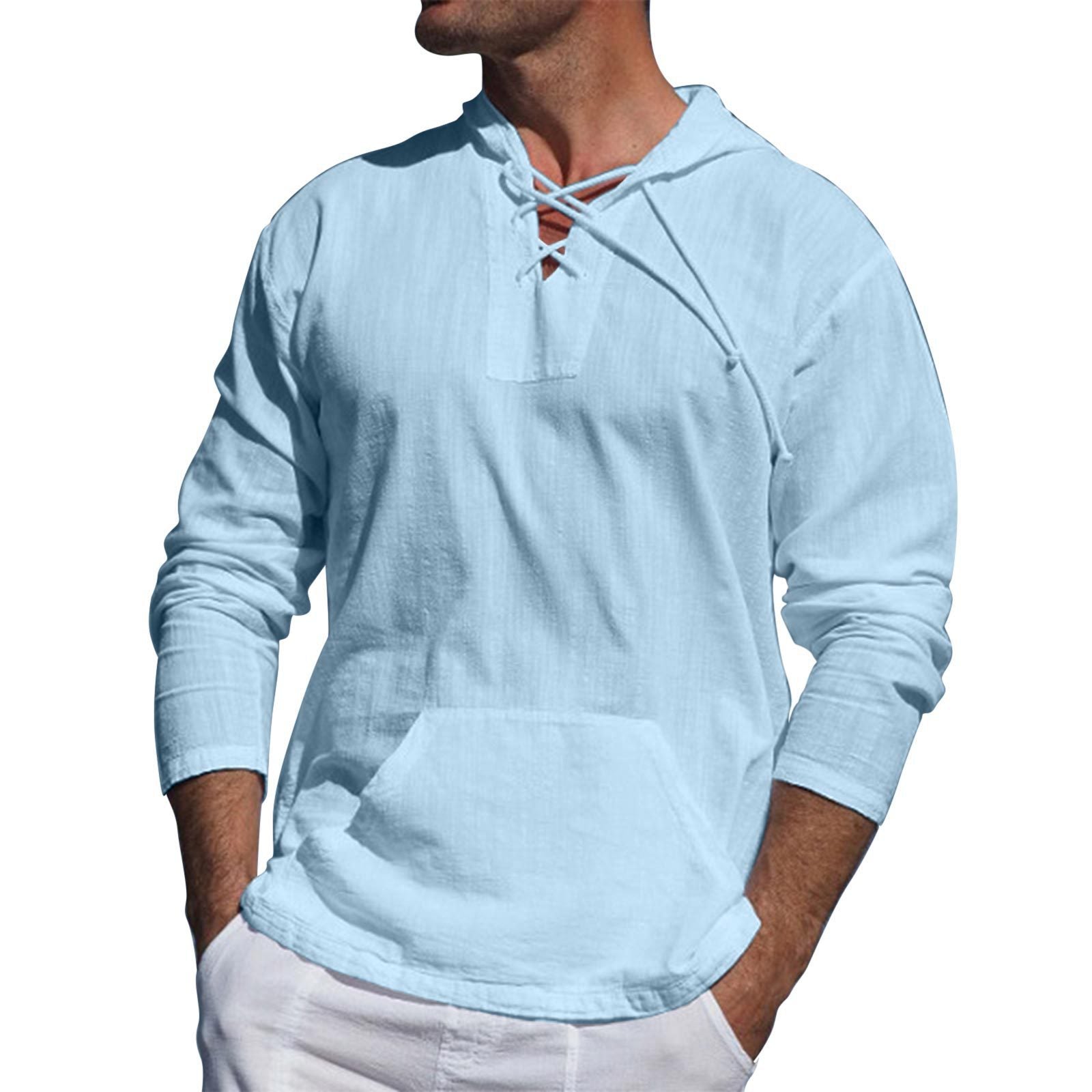Men's Outdoor Multi-pocket Cotton Linen Long-sleeved Hooded T-shirt