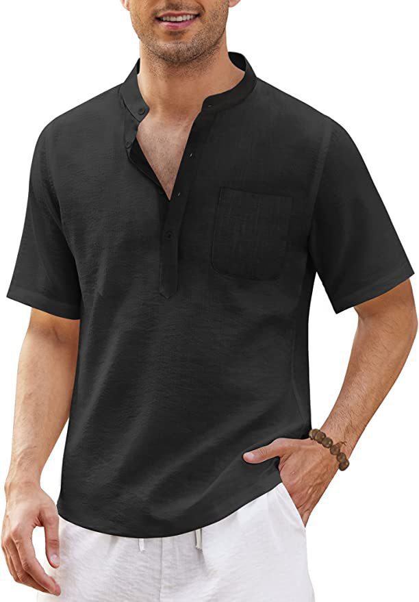 Men's Breathable Cotton Linen Henley Collar Pocket Short Sleeve