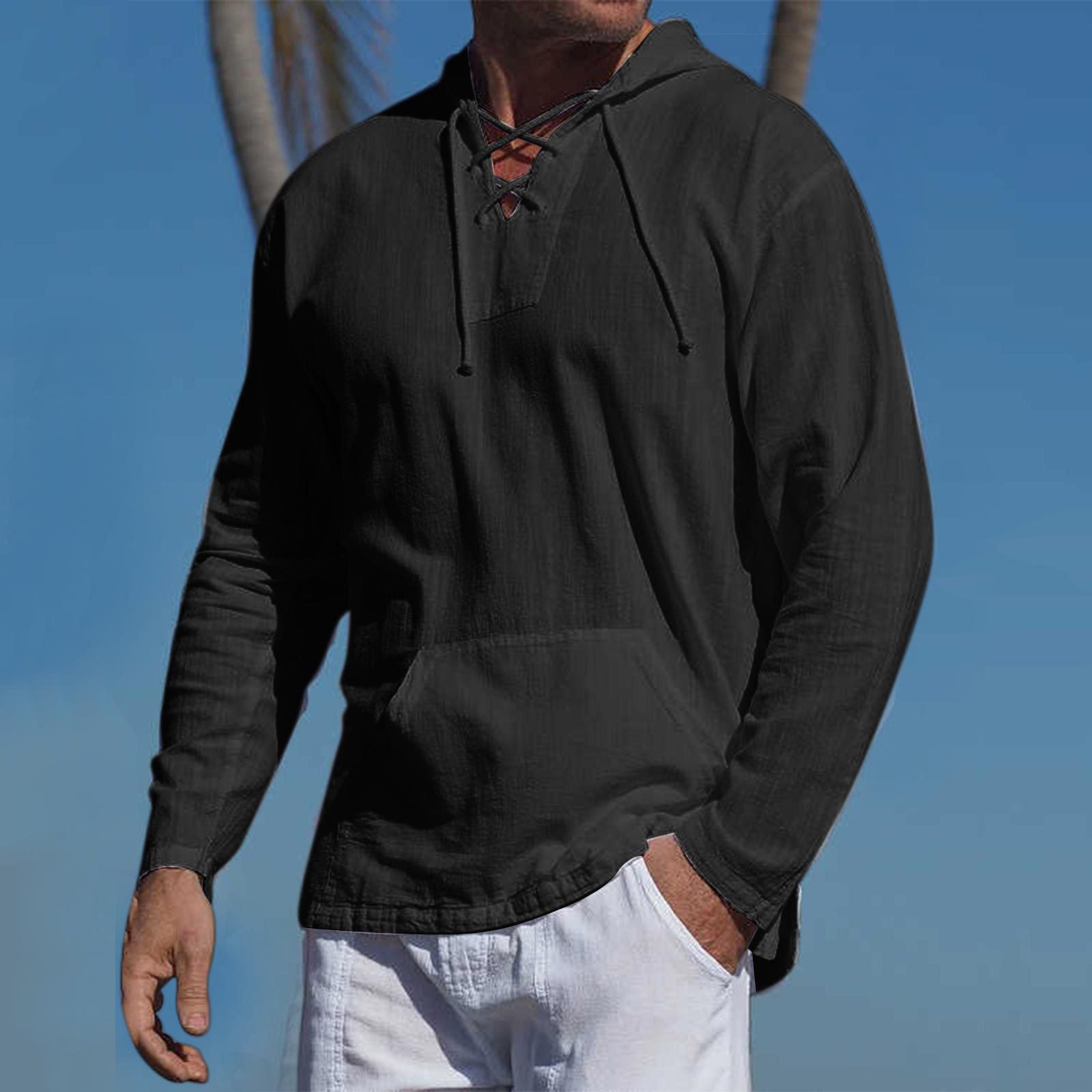 Men's Outdoor Multi-pocket Cotton Linen Long-sleeved Hooded T-shirt