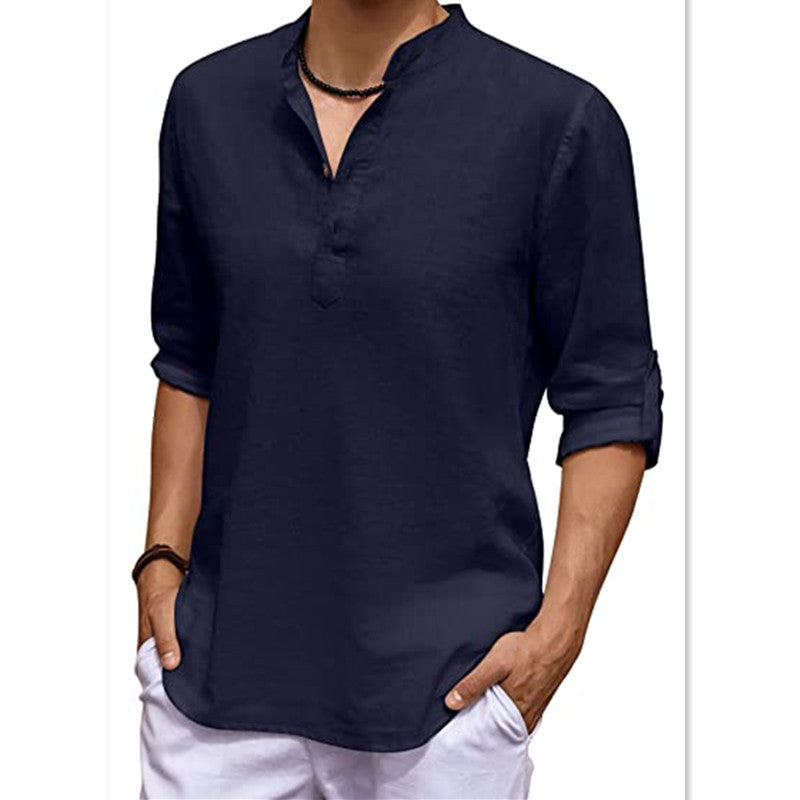 Men's Casual V-Neck Cotton Linen Long Sleeve Shirt