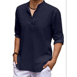 Men's Casual V-Neck Cotton Linen Long Sleeve Shirt