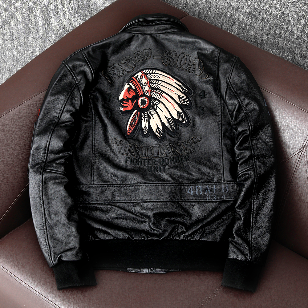 Men's Embroidered Bomber Flight Leather Jacket