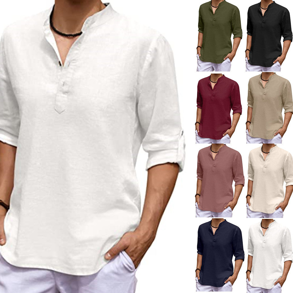 Men's Casual V-Neck Cotton Linen Long Sleeve Shirt