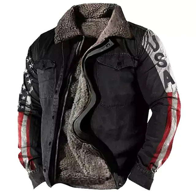 Men's Coat Warm Sports & Outdoor Zipper Letter 3D Printed Graphic Turndown Sports Jacket Outerwear Long Sleeve Pocket