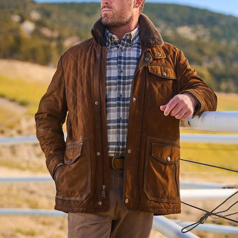 Men's Multi-pocket Warm Diamond Check Jacket
