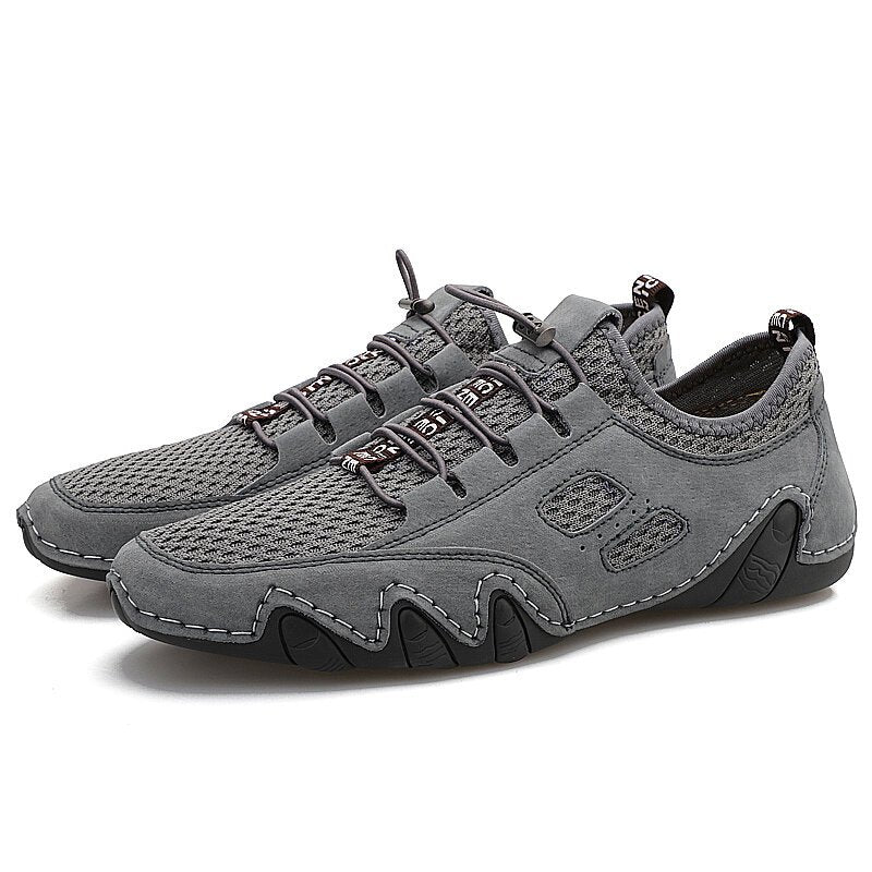 Men Round Toe Hand Stitching Breathable Mesh Leather Shoes