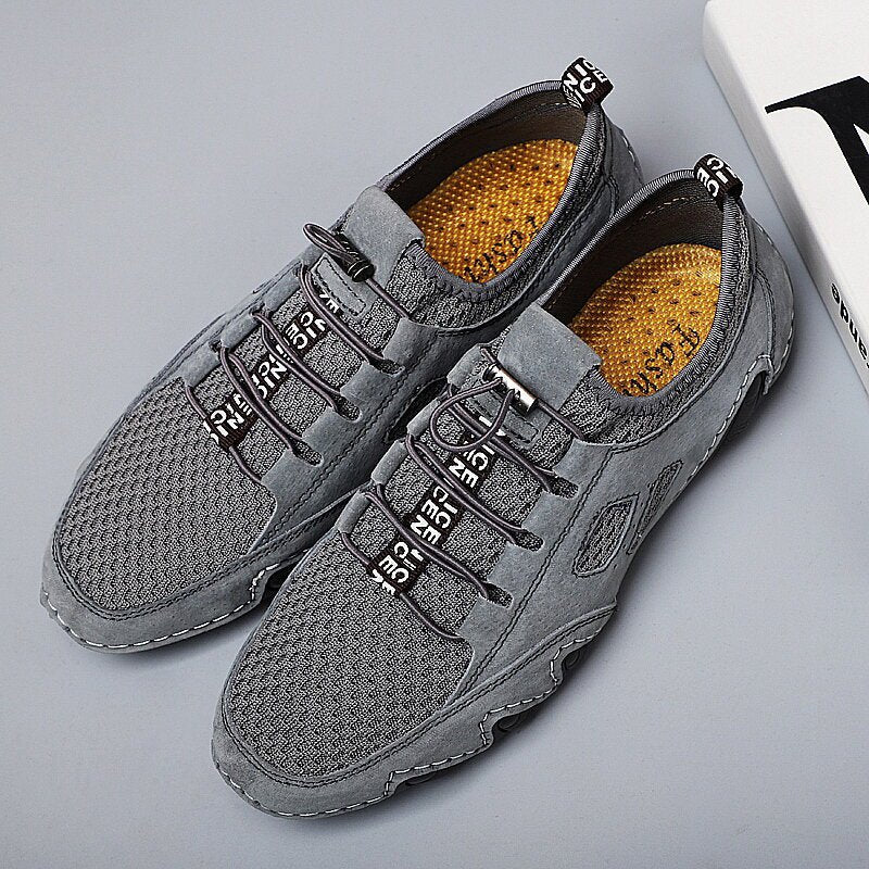 Men Round Toe Hand Stitching Breathable Mesh Leather Shoes