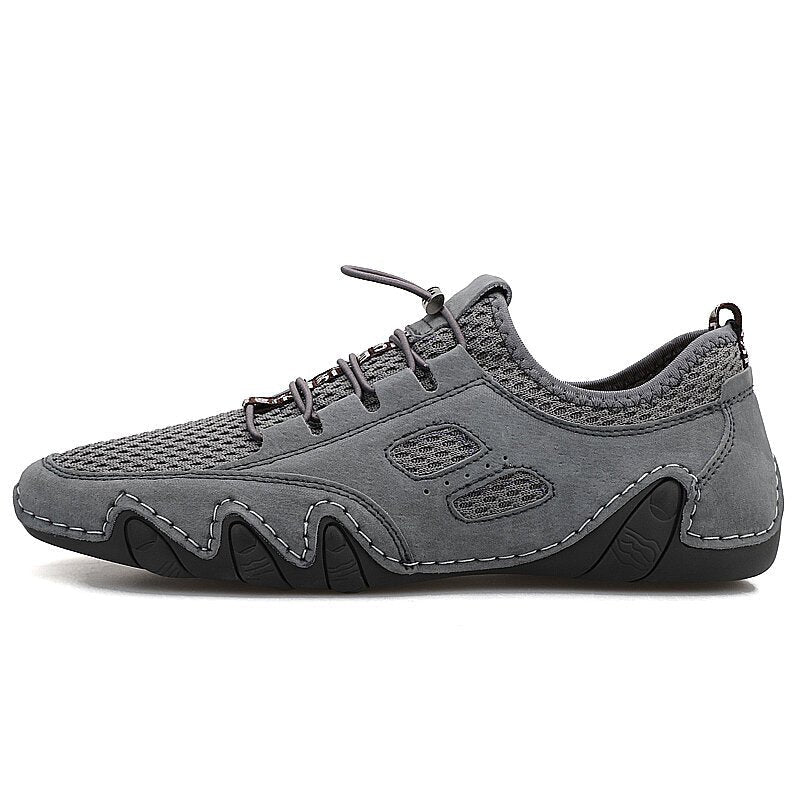 Men Round Toe Hand Stitching Breathable Mesh Leather Shoes