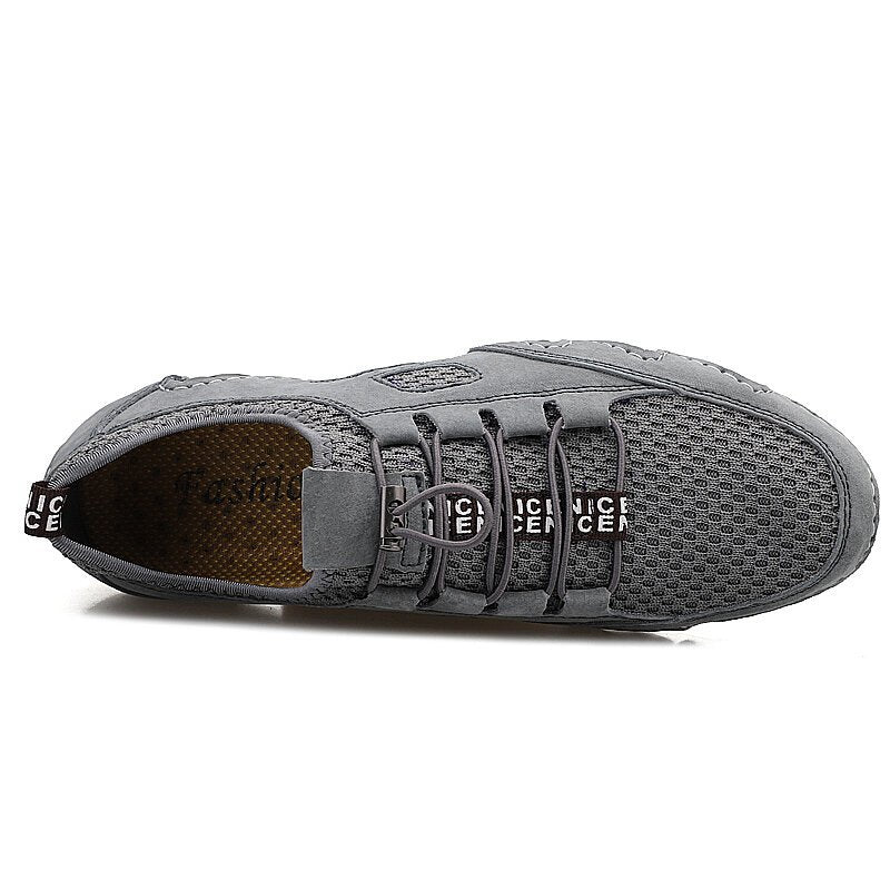 Men Round Toe Hand Stitching Breathable Mesh Leather Shoes