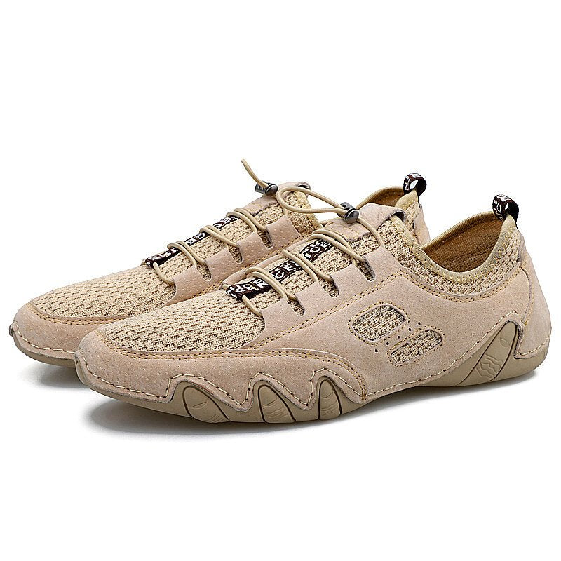 Men Round Toe Hand Stitching Breathable Mesh Leather Shoes