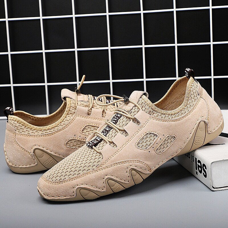 Men Round Toe Hand Stitching Breathable Mesh Leather Shoes