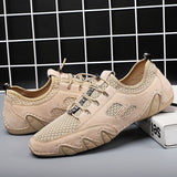 Men Round Toe Hand Stitching Breathable Mesh Leather Shoes