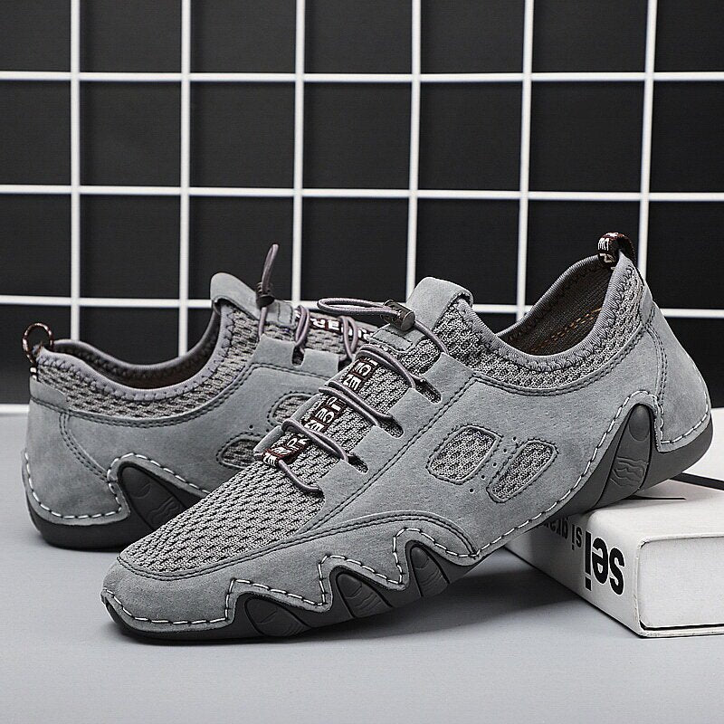 Men Round Toe Hand Stitching Breathable Mesh Leather Shoes