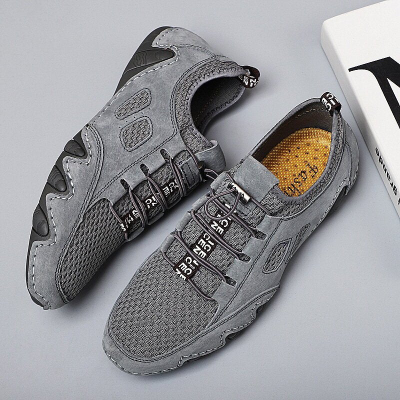 Men Round Toe Hand Stitching Breathable Mesh Leather Shoes