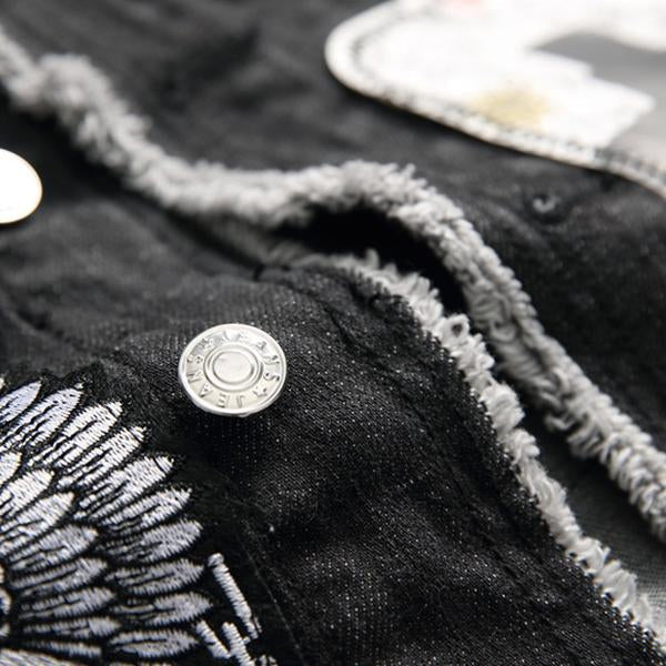 Men's Washed Embroidered Skull Denim Vest